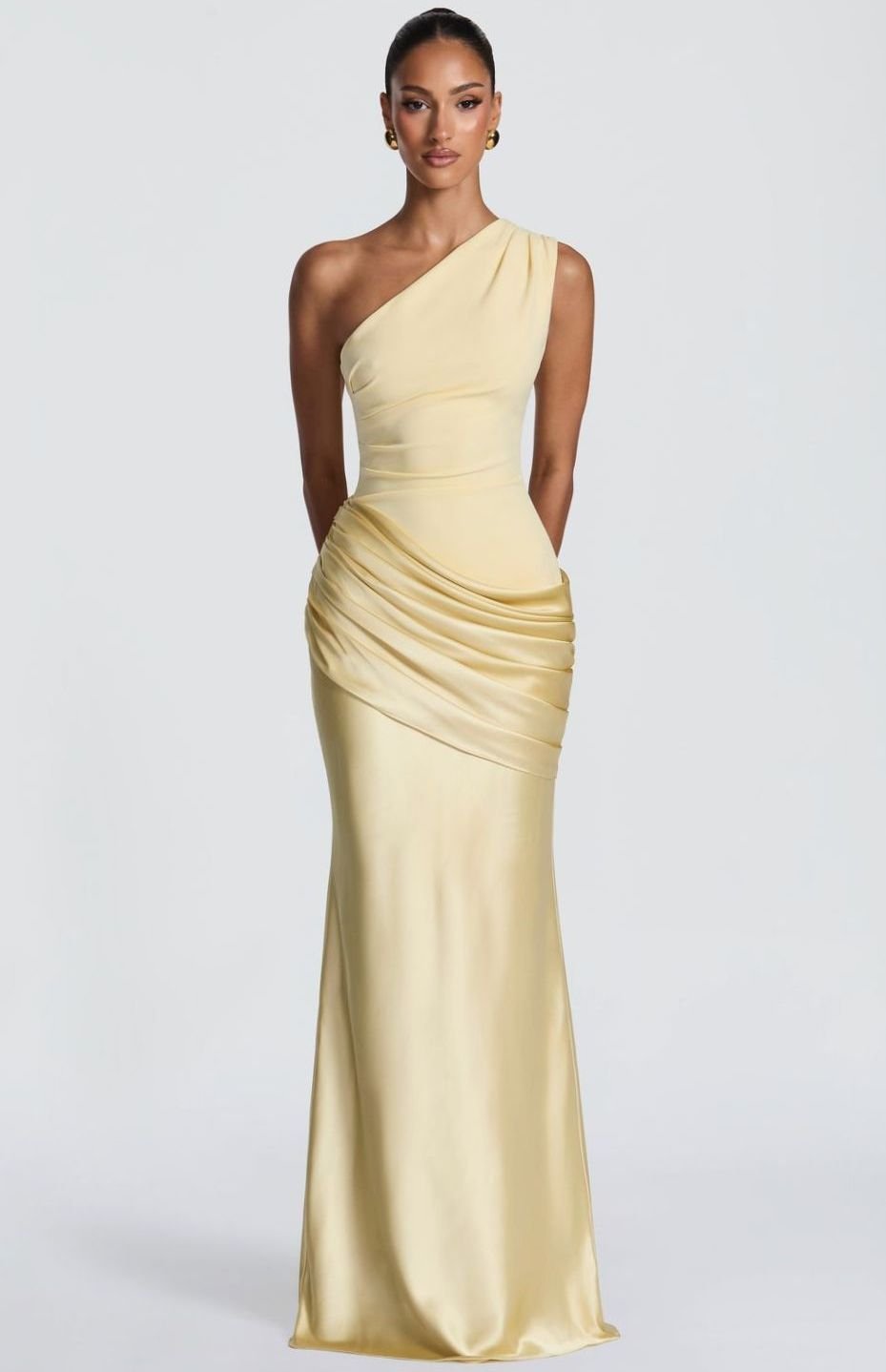 Dames One-Shoulder Gedrapeerde Satijnen Maxi Jurk - Geel