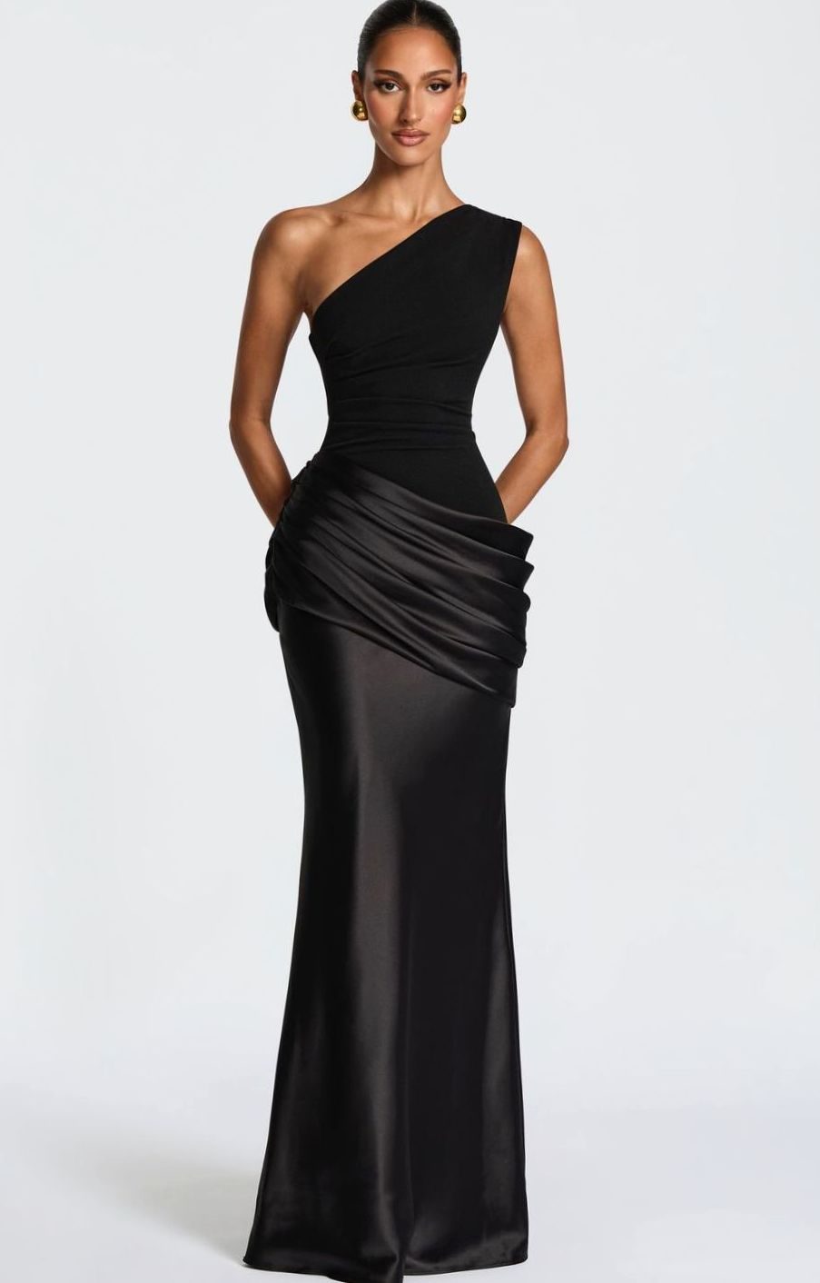 Dames One-Shoulder Gedrapeerde Satijnen Maxi Jurk - Zwart