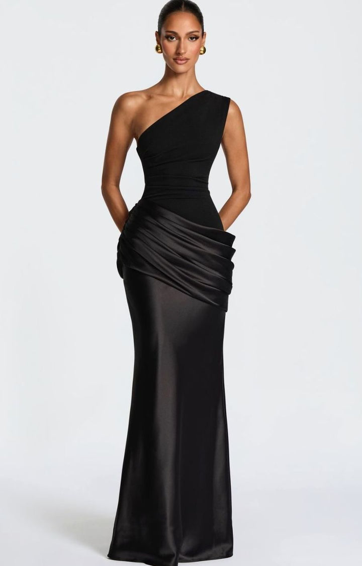 Dames One-Shoulder Gedrapeerde Satijnen Maxi Jurk - Zwart