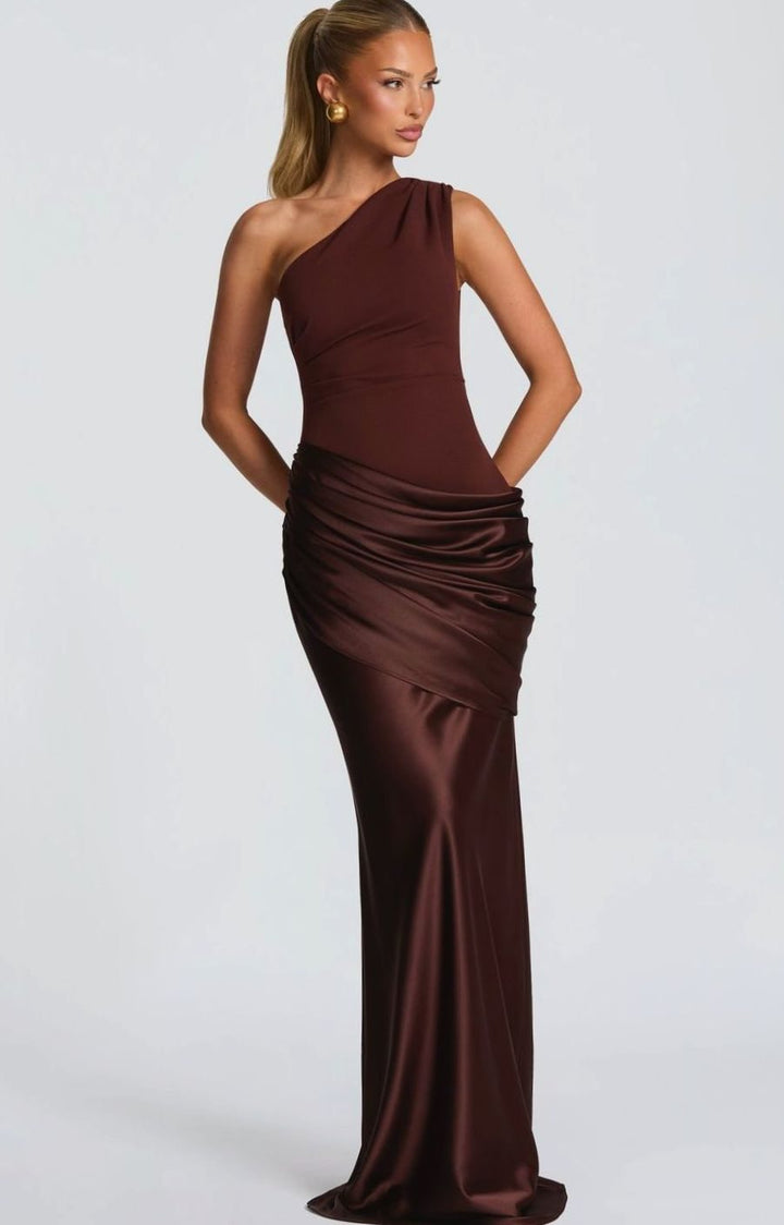 Dames One-Shoulder Gedrapeerde Satijnen Maxi Jurk