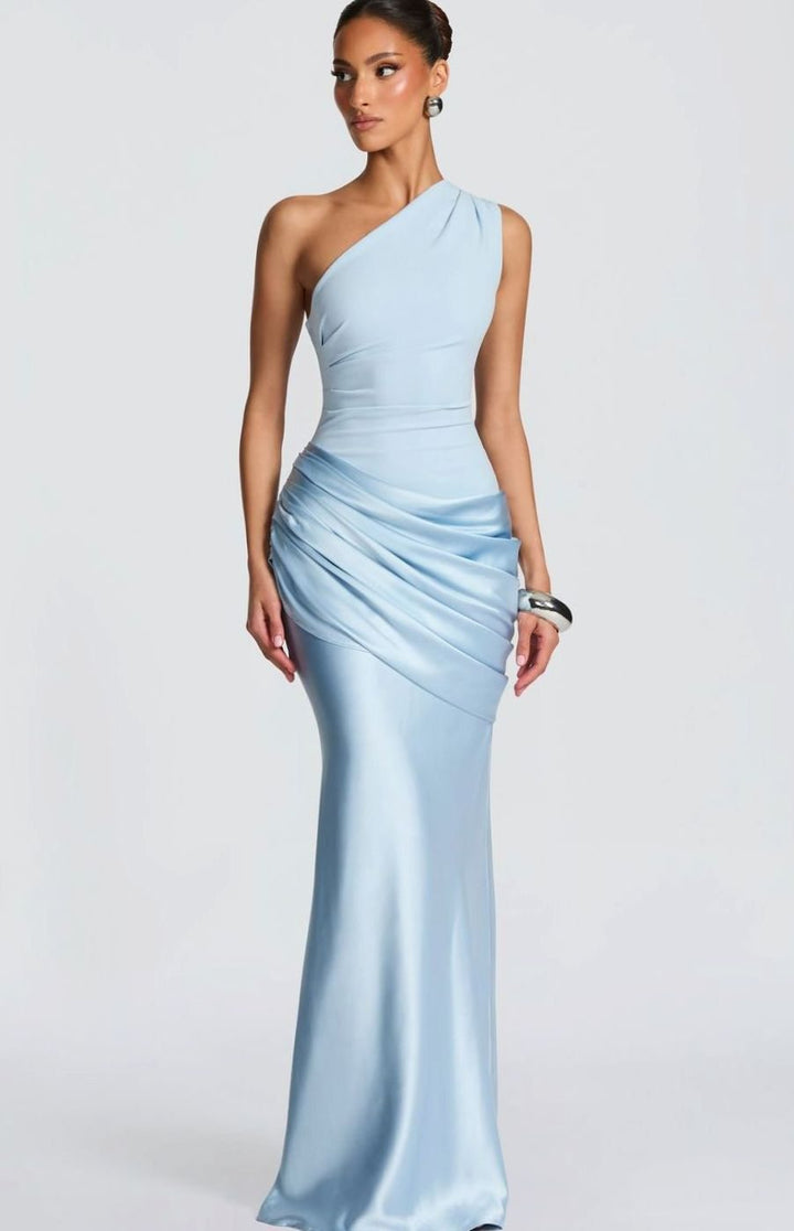 Dames One-Shoulder Gedrapeerde Satijnen Maxi Jurk