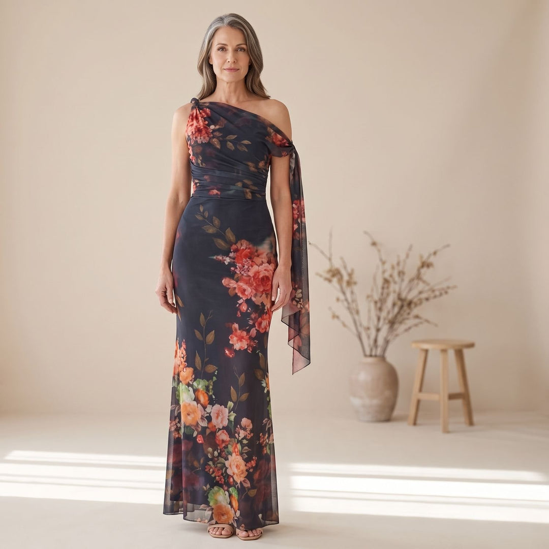 Dames One Shoulder Geplooide Bloemenprint Maxi Jurk - Zwart