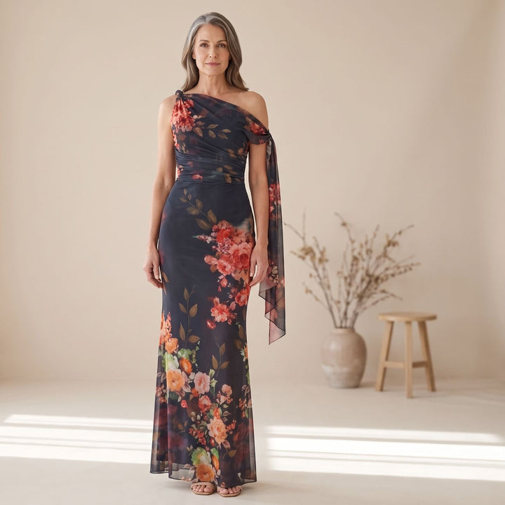 Dames One Shoulder Geplooide Bloemenprint Maxi Jurk - Zwart