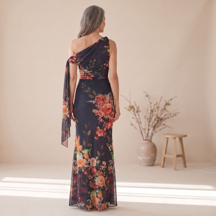 Dames One Shoulder Geplooide Bloemenprint Maxi Jurk