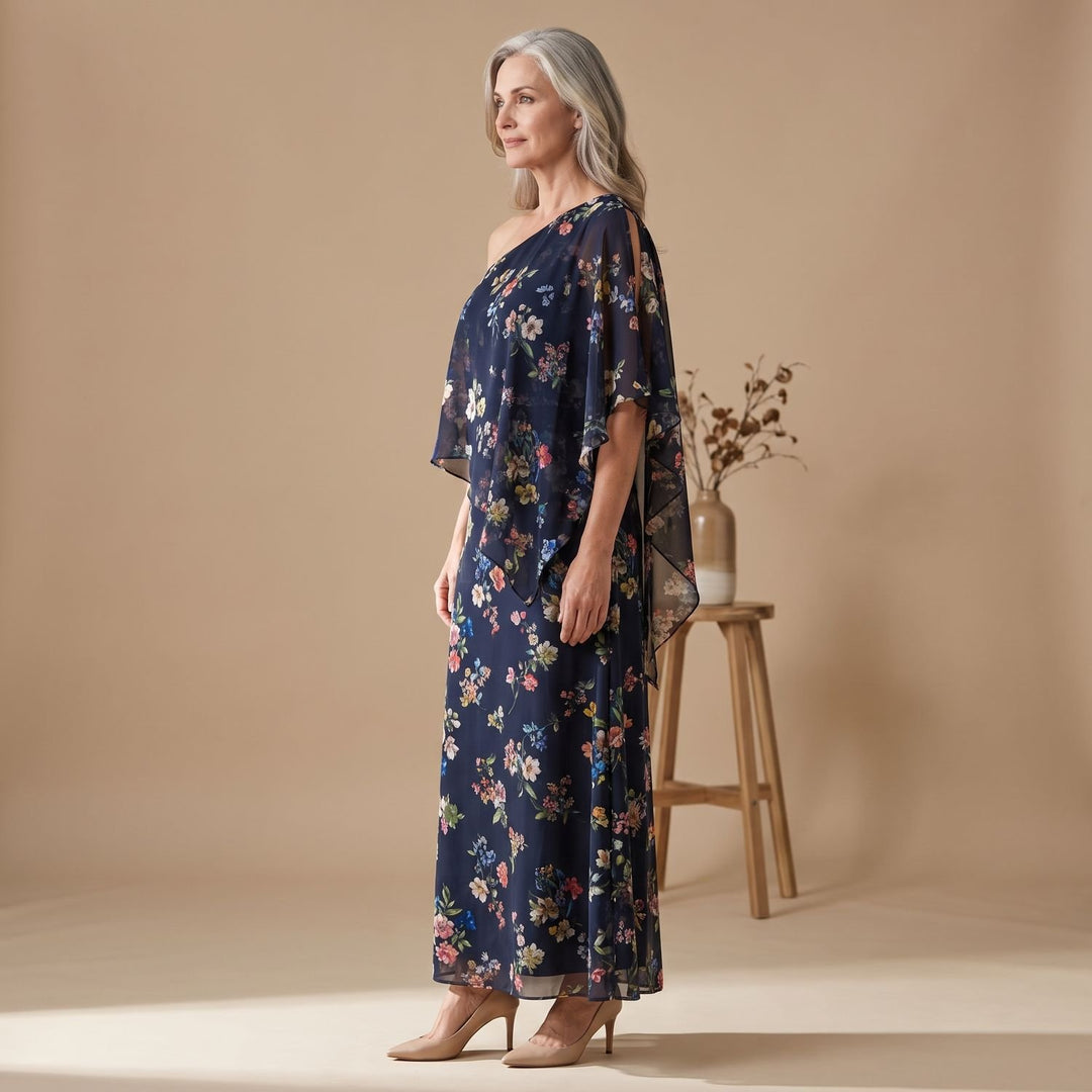 Dames One Shoulder Geplooide Bloemenprint Maxi Jurk
