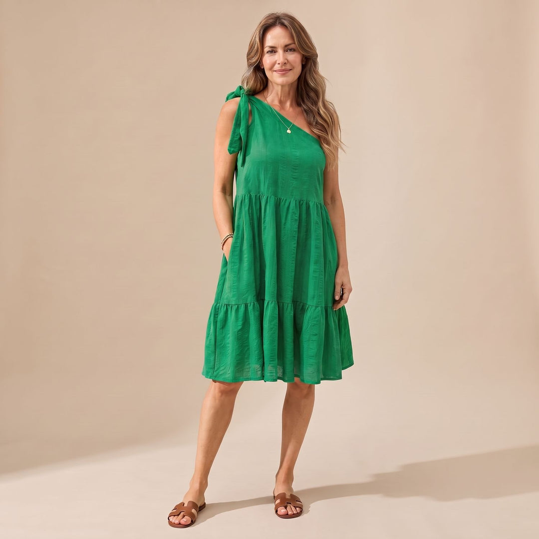 Dames One-Shoulder Strikdetail Gelaagde Knielengte Jurk