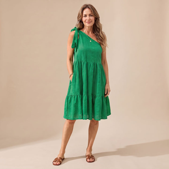 Dames One-Shoulder Strikdetail Gelaagde Knielengte Jurk