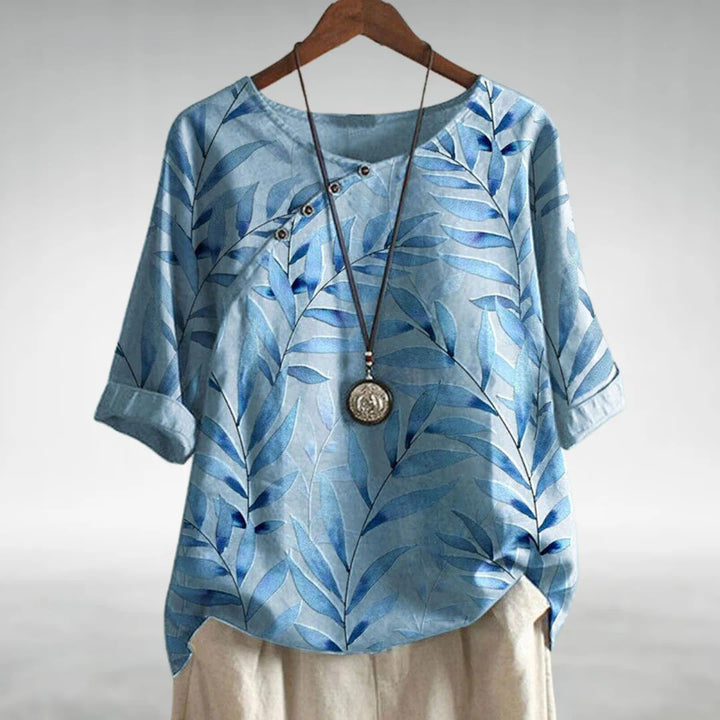 Dames Ontspannen Linnen Top Korte Mouwen Ronde Hals - Blue