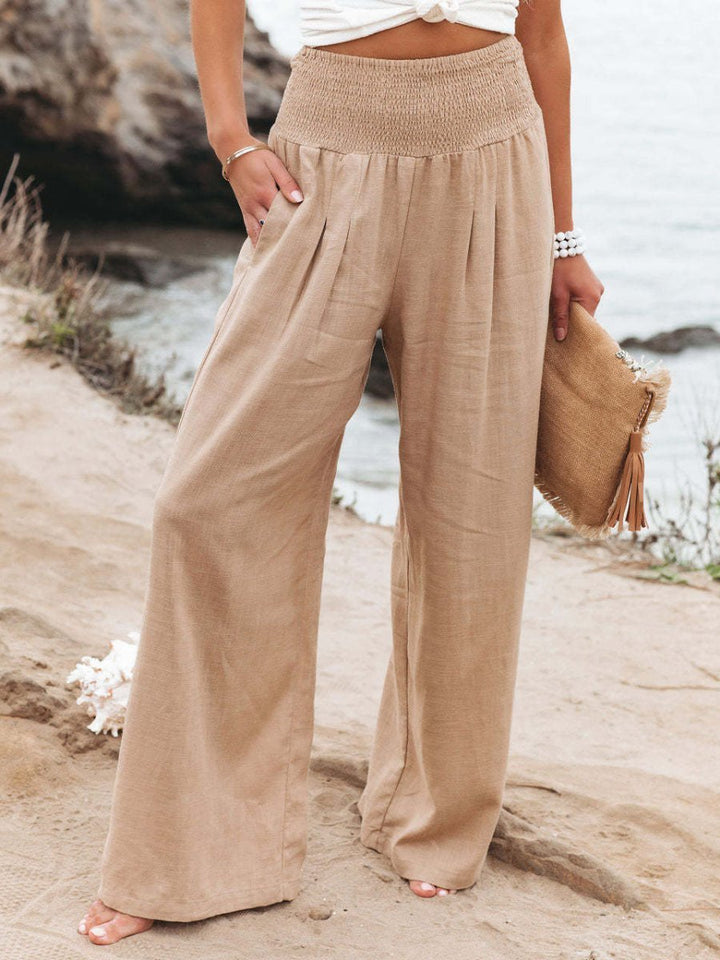 Dames Ontspannen Wide-Leg Linnen Broek met Gesmockte Taille - Beige