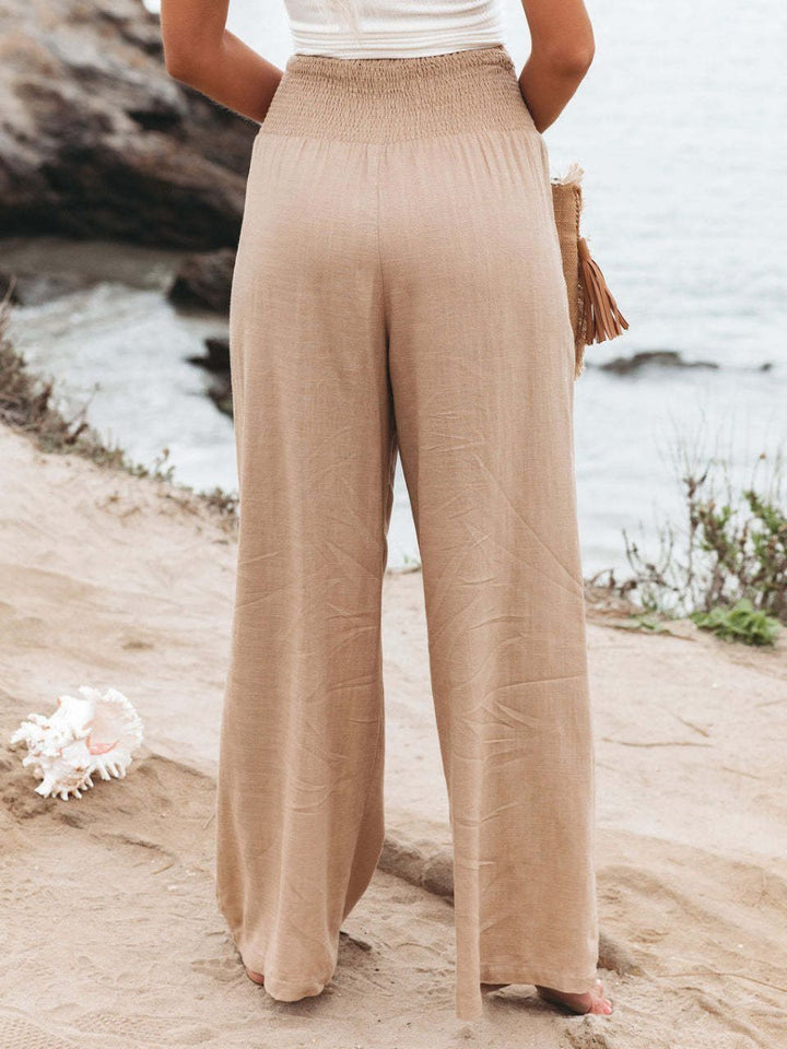 Dames Ontspannen Wide-Leg Linnen Broek met Gesmockte Taille
