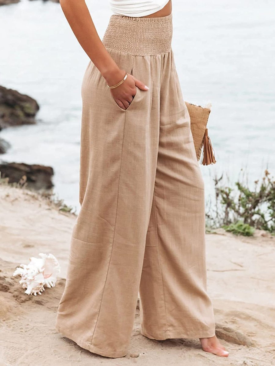 Dames Ontspannen Wide-Leg Linnen Broek met Gesmockte Taille