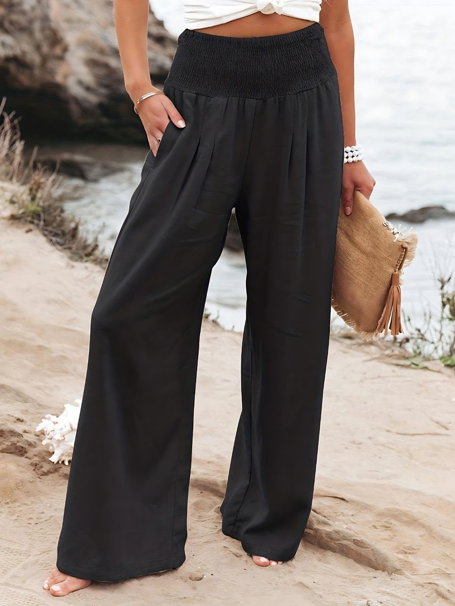 Dames Ontspannen Wide-Leg Linnen Broek met Gesmockte Taille - Black