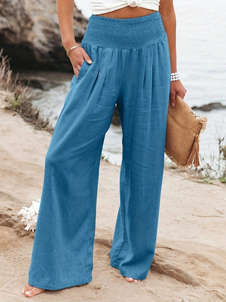 Dames Ontspannen Wide-Leg Linnen Broek met Gesmockte Taille - Blue