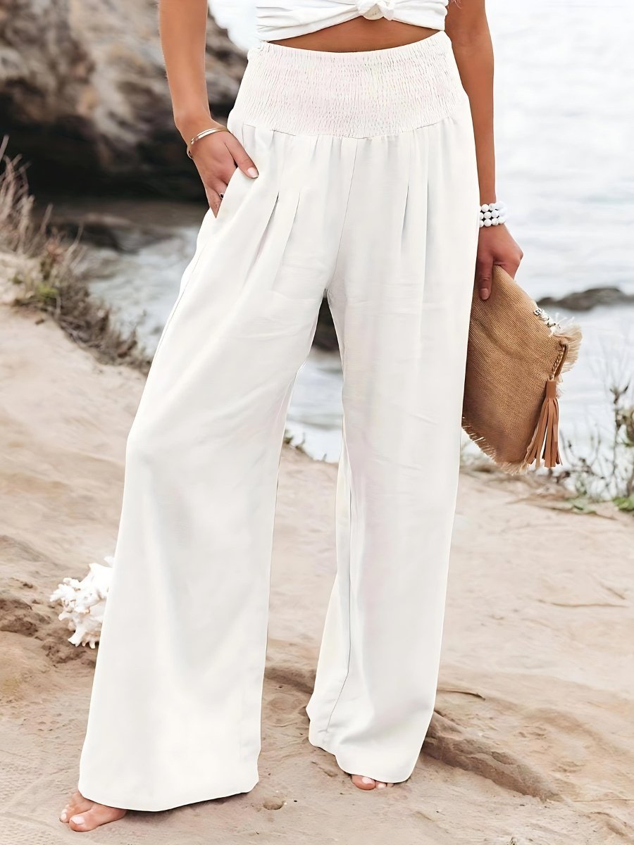 Dames Ontspannen Wide-Leg Linnen Broek met Gesmockte Taille - White