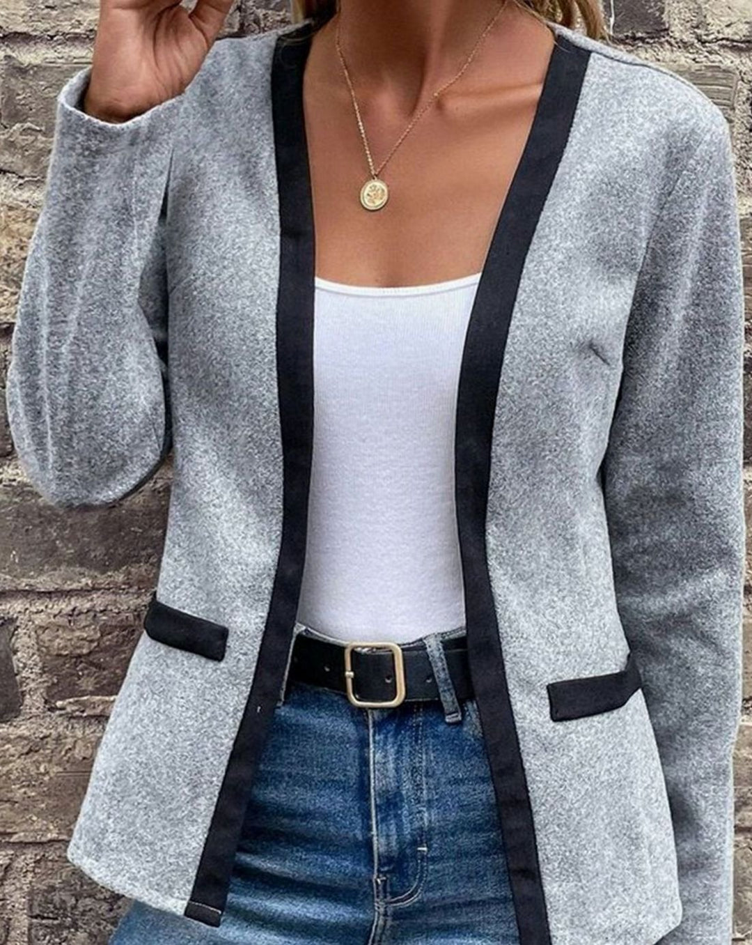 Dames Open Blazer met Contrasterende Bies en Zakken