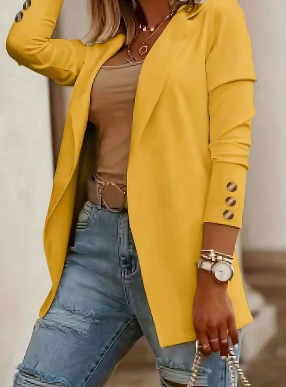 Dames Open-Front Blazer Lange Mouwen Decoratieve Knopen - Geel
