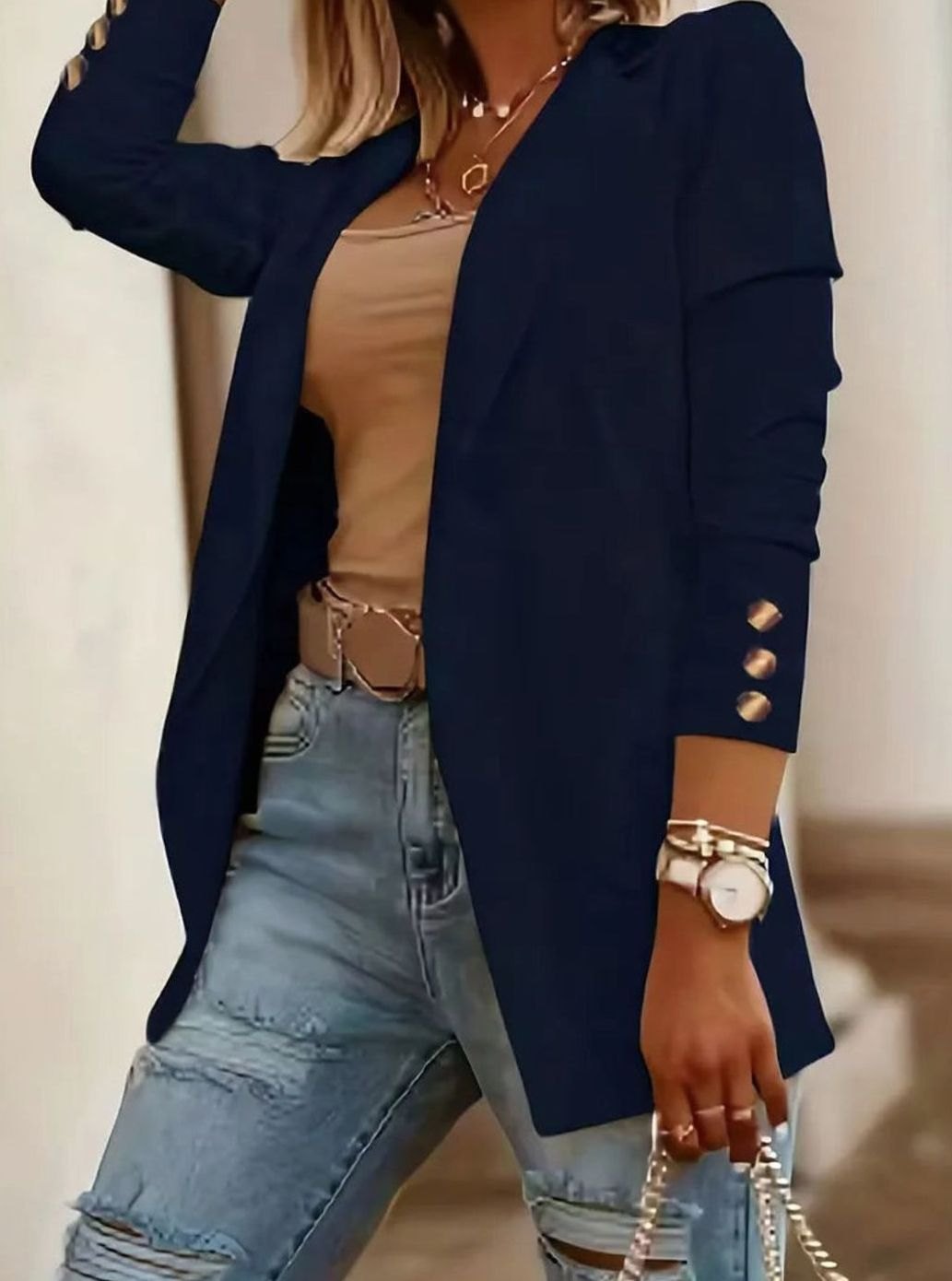 Dames Open-Front Blazer Lange Mouwen Decoratieve Knopen - Marineblauw