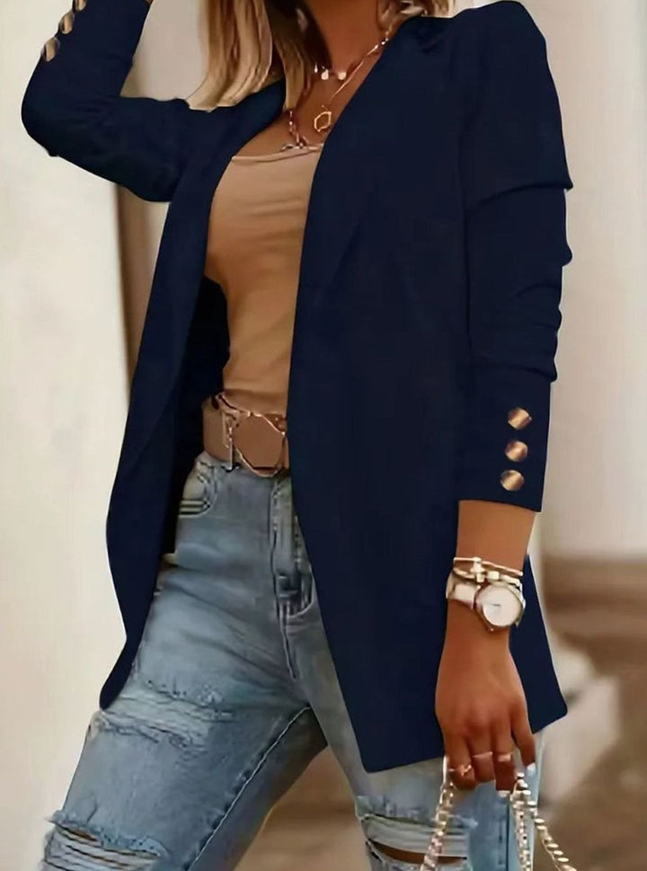 Dames Open-Front Blazer Lange Mouwen Decoratieve Knopen - Marineblauw