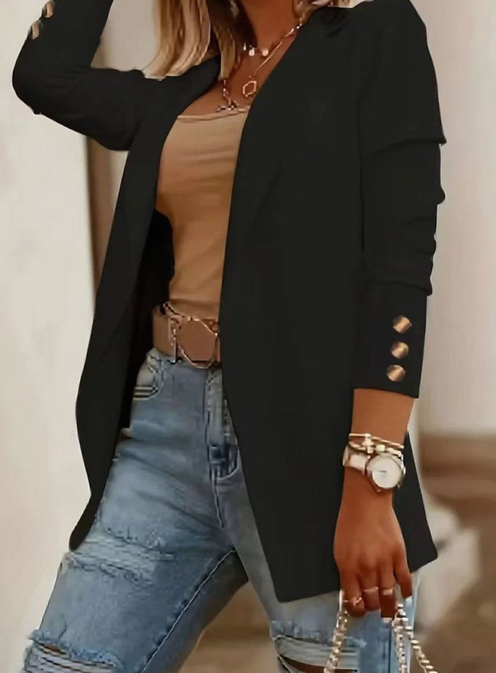 Dames Open-Front Blazer Lange Mouwen Decoratieve Knopen - Zwart