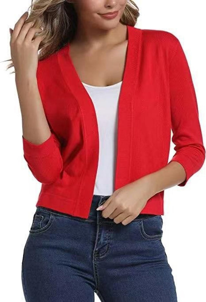Dames Open-Front Driekwart Mouw Casual Cardigan - Chinrood