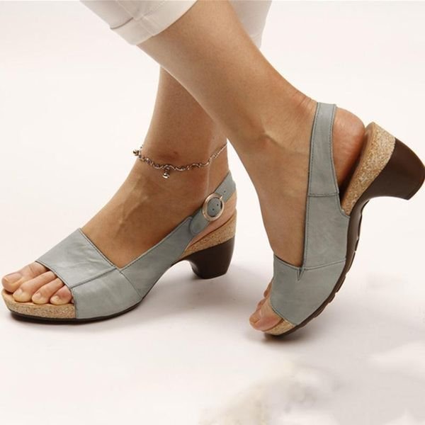 Dames Open-Teen Blokhak Slingback Sandalen Verstelbare Gesp - Gray