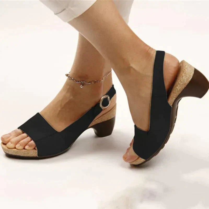 Dames Open-Teen Blokhak Slingback Sandalen Verstelbare Gesp - Black
