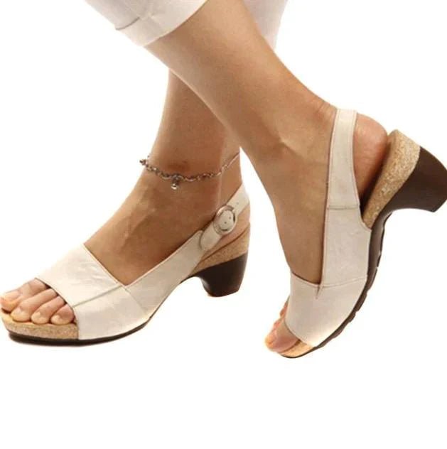 Dames Open-Teen Blokhak Slingback Sandalen Verstelbare Gesp - Beige