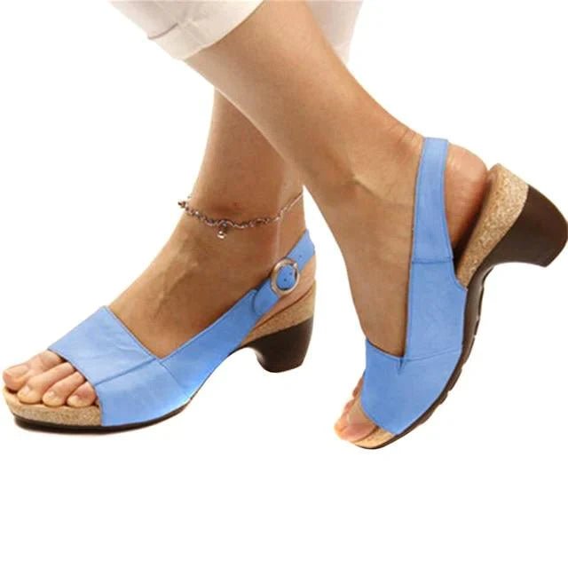 Dames Open-Teen Blokhak Slingback Sandalen Verstelbare Gesp - Blue