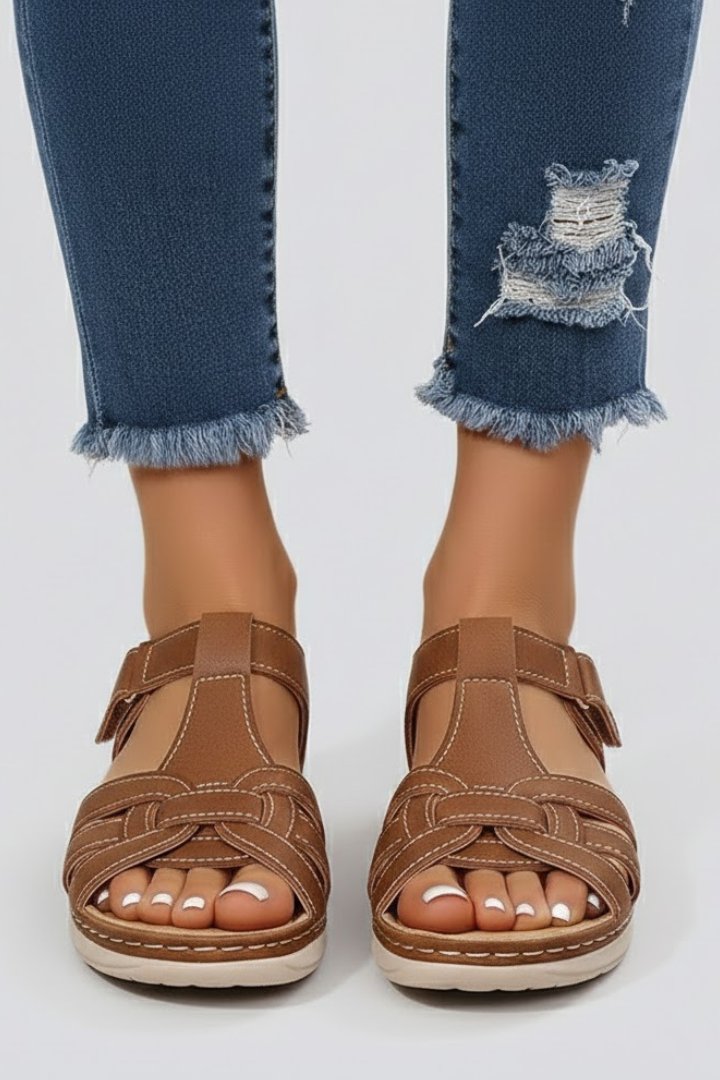 Dames Open-Teen Gevlochten Riemen Sandalen Klittenband - Brown