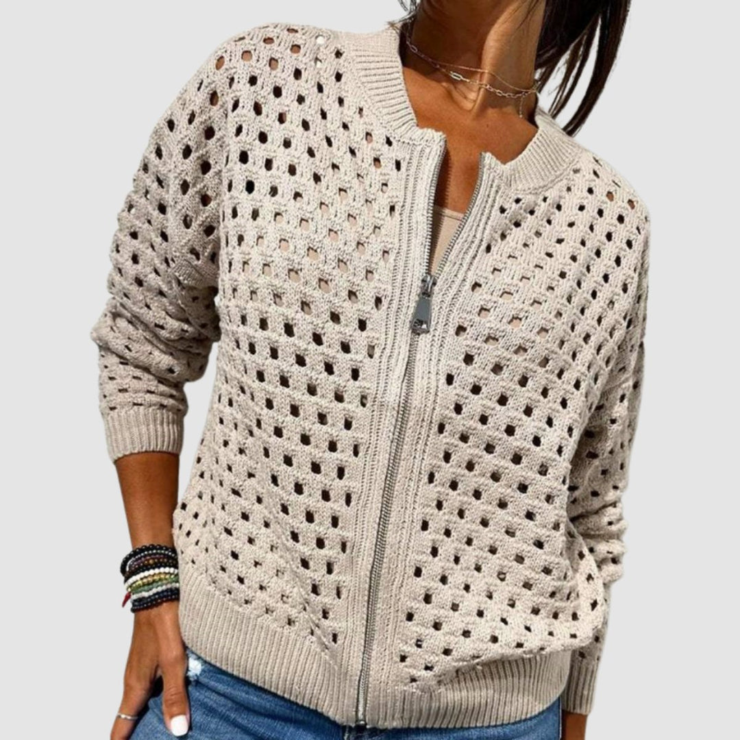 Dames Opengewerkte Gebreide Rits Cardigan Relaxed Fit - Beige