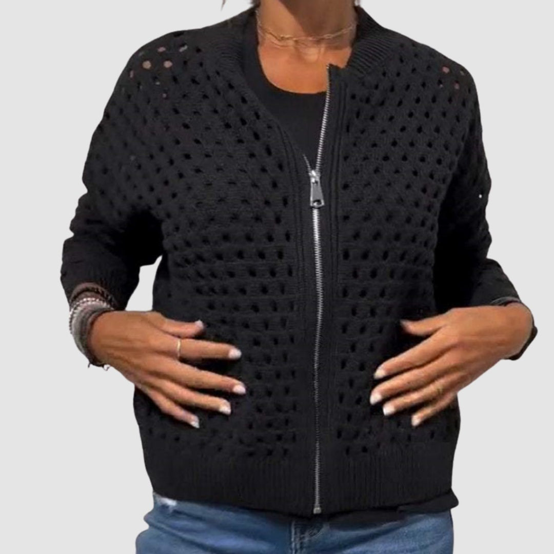 Dames Opengewerkte Gebreide Rits Cardigan Relaxed Fit - Black
