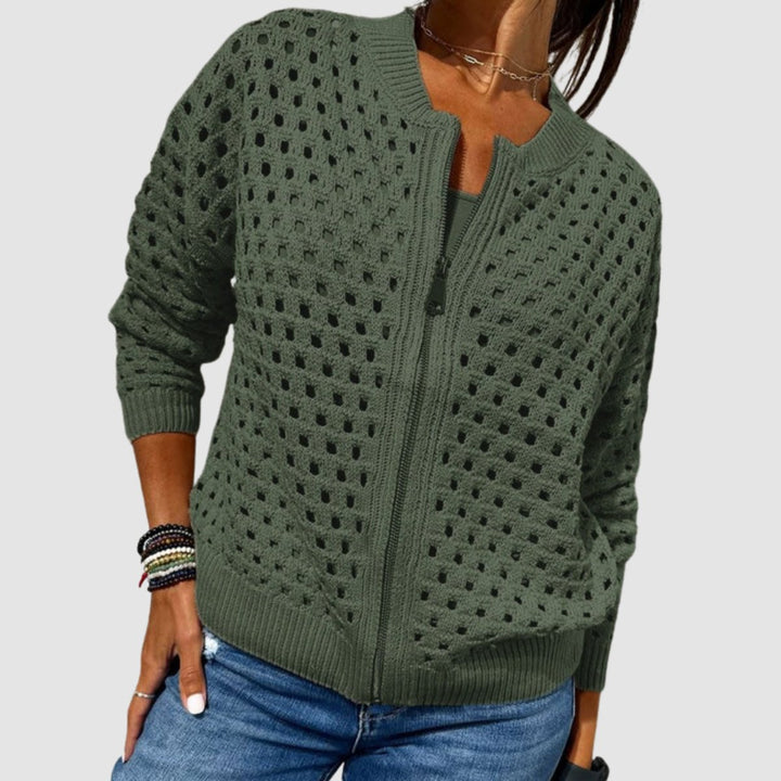 Dames Opengewerkte Gebreide Rits Cardigan Relaxed Fit - Green