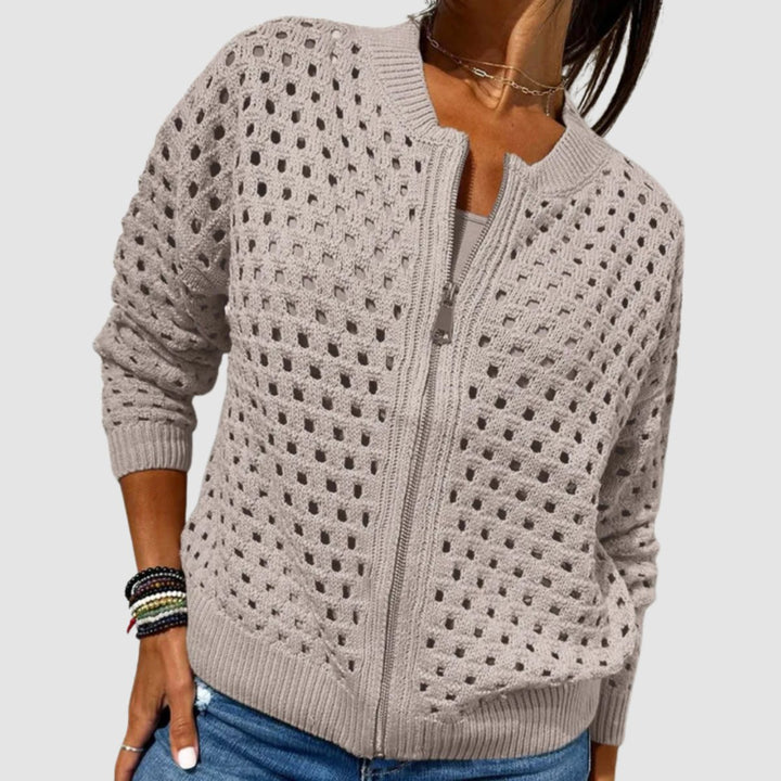 Dames Opengewerkte Gebreide Rits Cardigan Relaxed Fit - Khaki