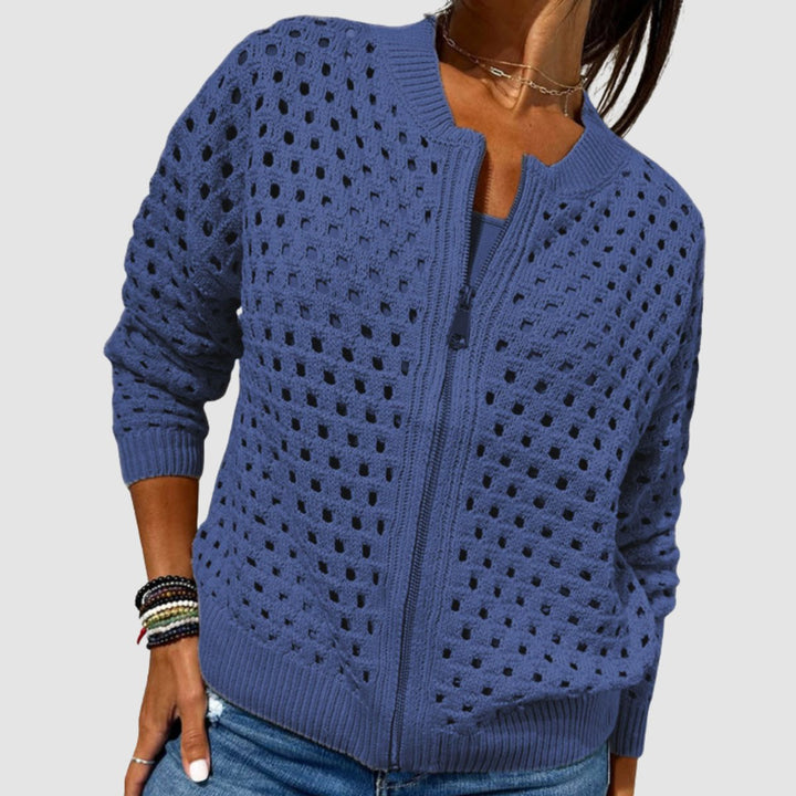 Dames Opengewerkte Gebreide Rits Cardigan Relaxed Fit - Blue