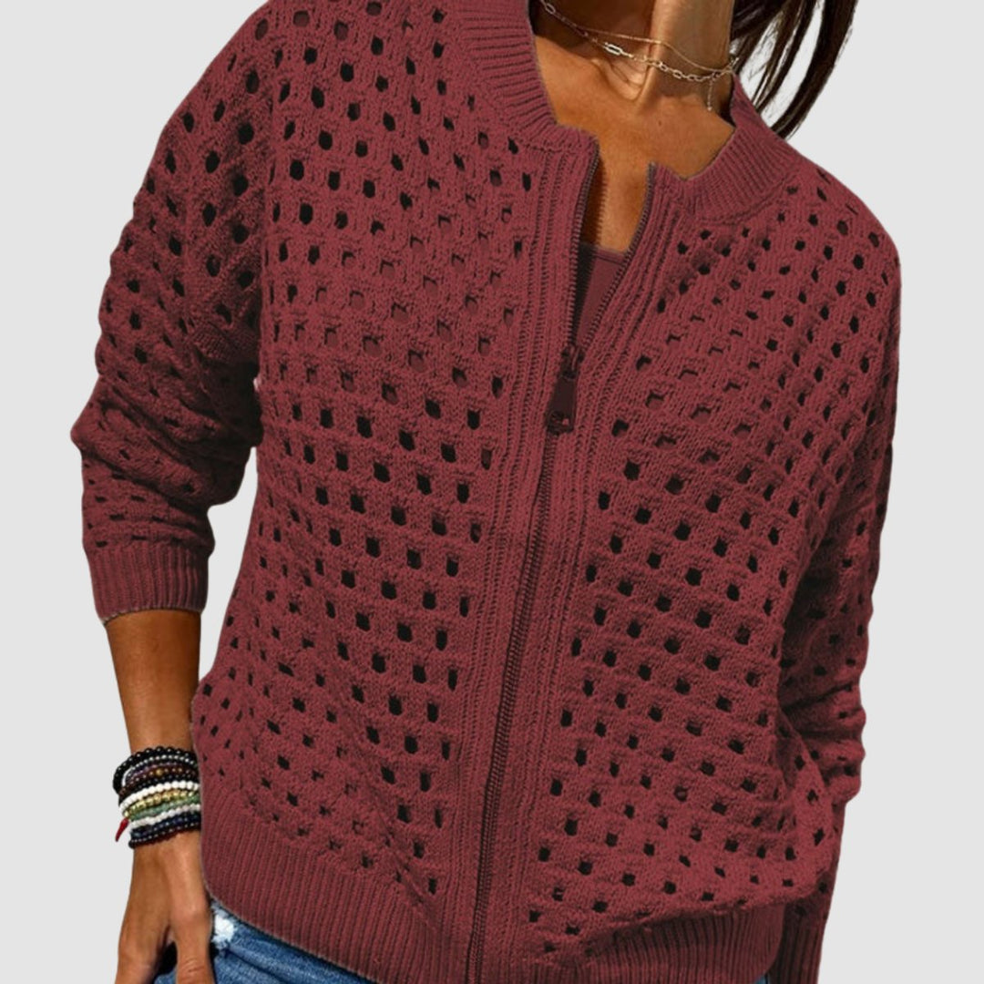 Dames Opengewerkte Gebreide Rits Cardigan Relaxed Fit - Burgundy