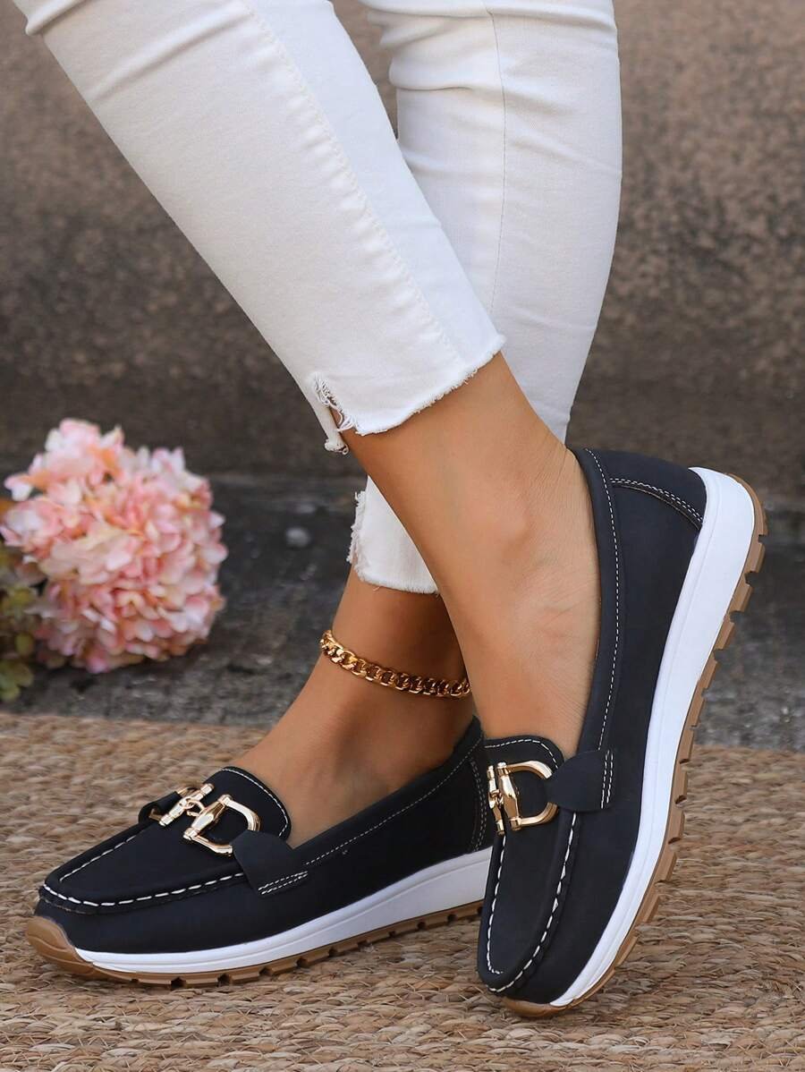 Dames Orthopedische Antislip Instappers Loafers Gouden Gesp - Black