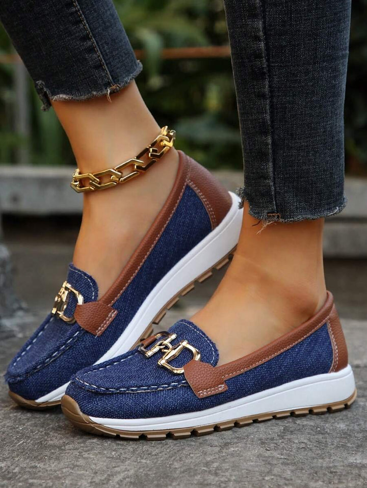 Dames Orthopedische Antislip Instappers Loafers Gouden Gesp - Navy