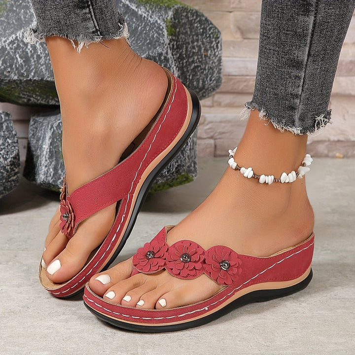 Dames Orthopedische Bloemen Wedge Teenslippers met Voetboogondersteuning - Red