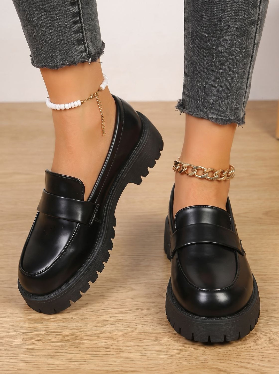 Dames Orthopedische Chunky Platform Loafers Zwart - Zwart