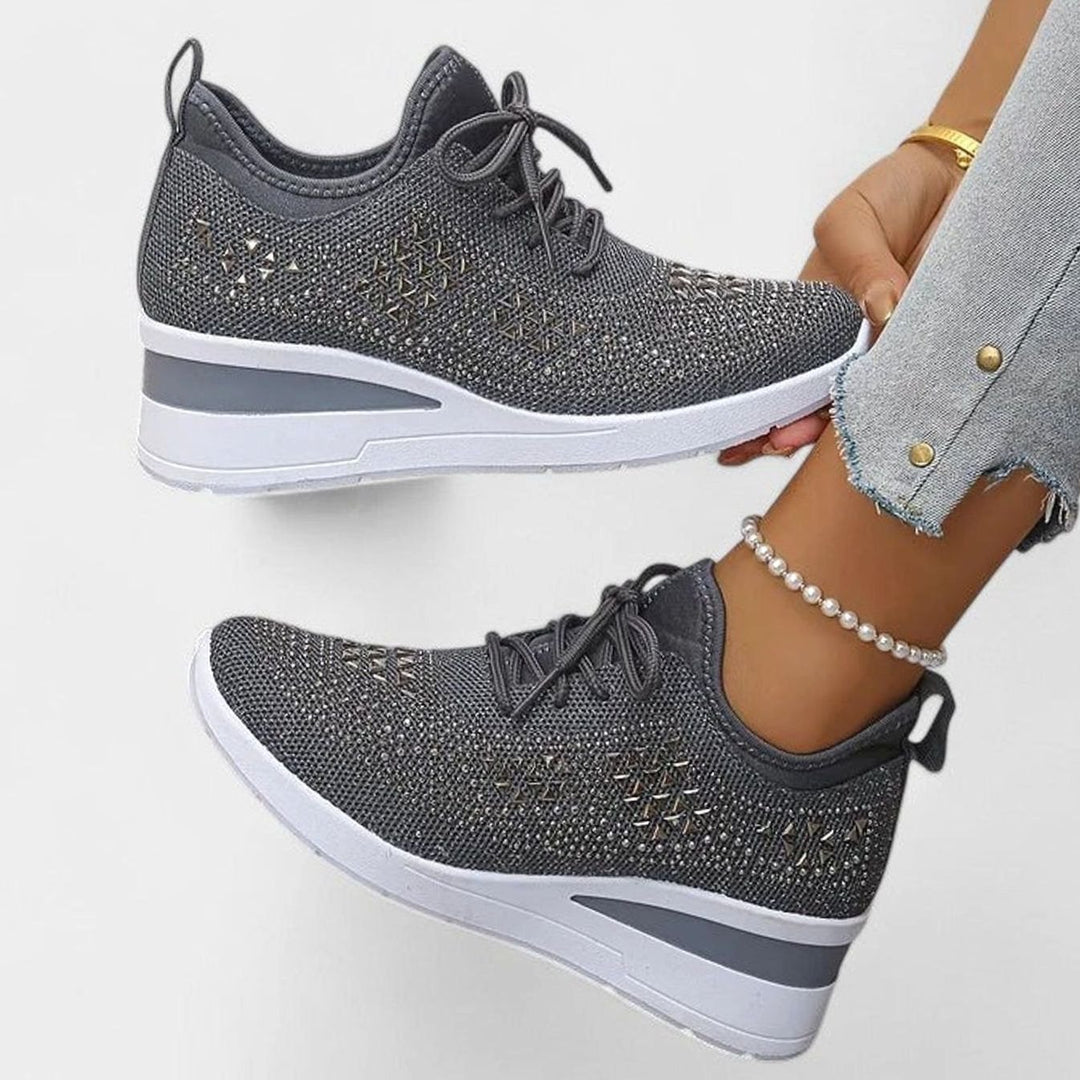 Dames Orthopedische Gebreide Sneakers Vetersluiting Sleehak Strass - Grijs