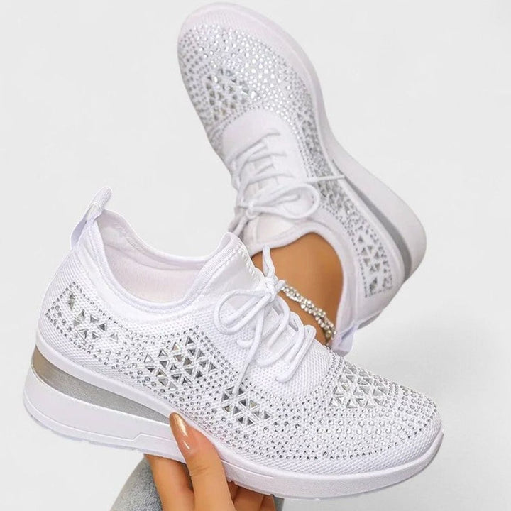 Dames Orthopedische Gebreide Sneakers Vetersluiting Sleehak Strass - Wit