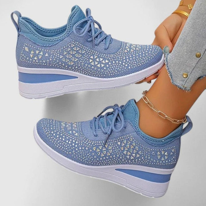 Dames Orthopedische Gebreide Sneakers Vetersluiting Sleehak Strass - Blauw