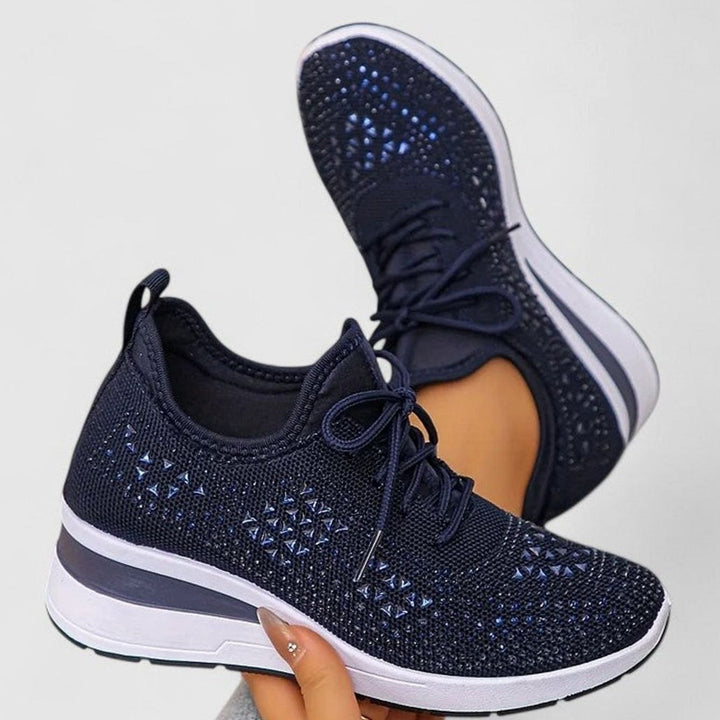 Dames Orthopedische Gebreide Sneakers Vetersluiting Sleehak Strass - Donkerblauw
