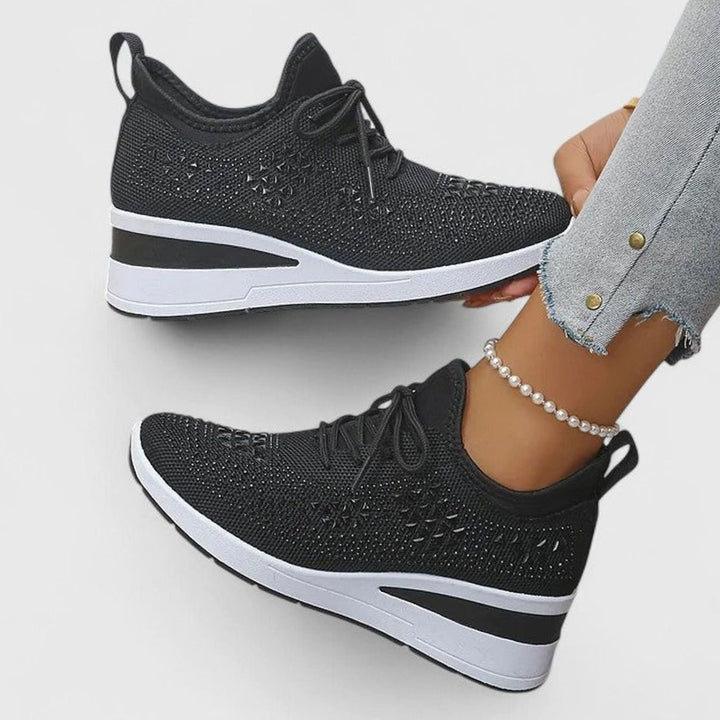 Dames Orthopedische Gebreide Sneakers Vetersluiting Sleehak Strass - Zwart