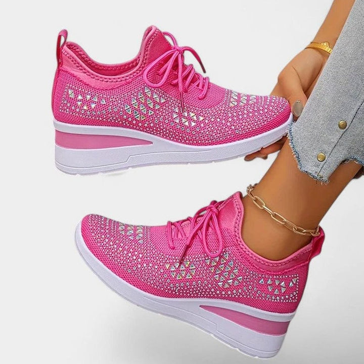Dames Orthopedische Gebreide Sneakers Vetersluiting Sleehak Strass - Roségoud