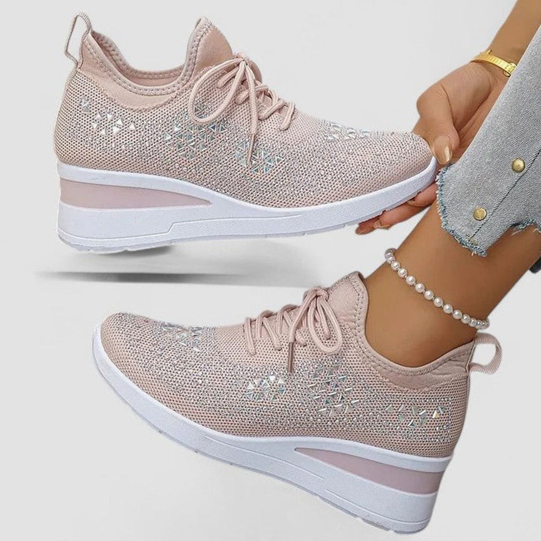 Dames Orthopedische Gebreide Sneakers Vetersluiting Sleehak Strass - Roze