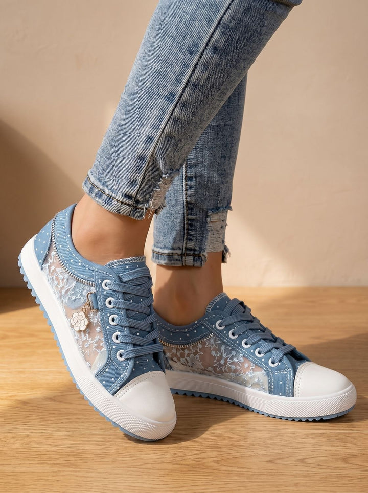 Dames Orthopedische Kanten Sneakers met Rits en Bloemdetail - Lichtblauw
