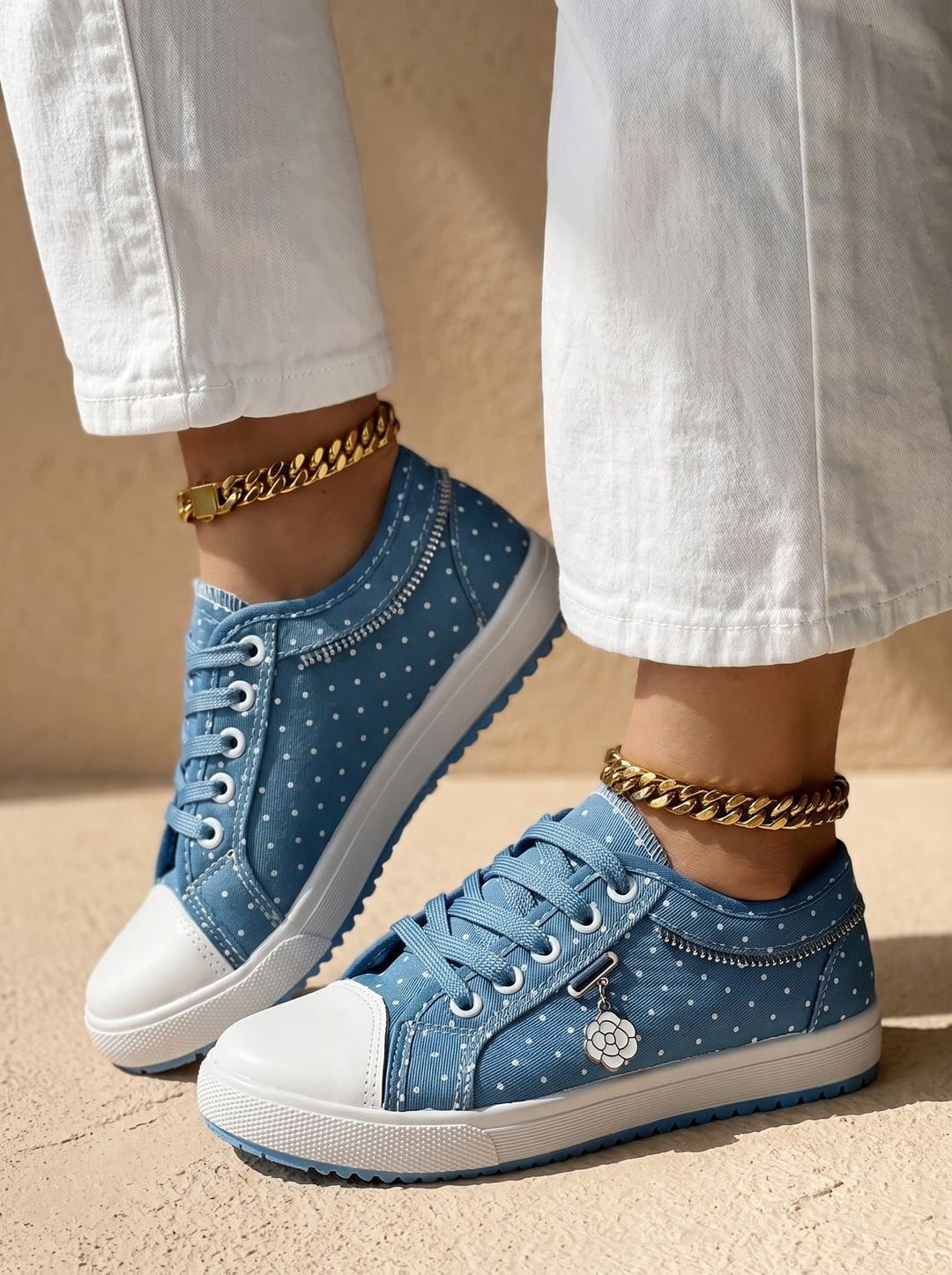 Dames Orthopedische Kanten Sneakers met Rits en Bloemdetail - Hemelsblauw