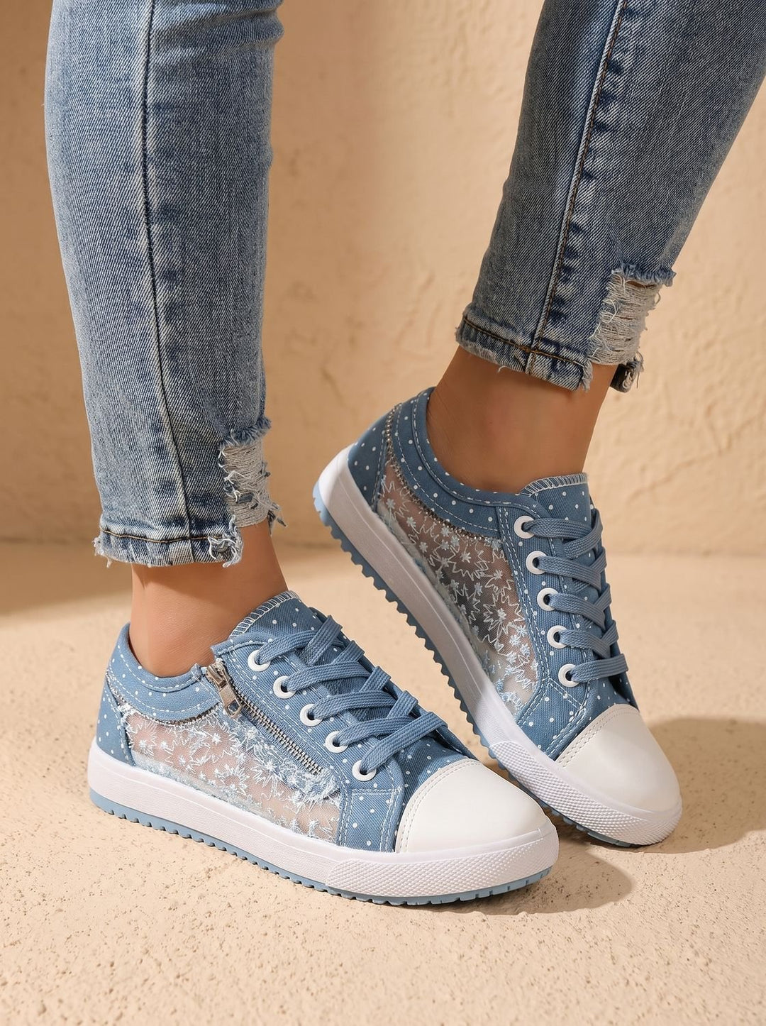 Dames Orthopedische Kanten Sneakers met Rits en Bloemdetail