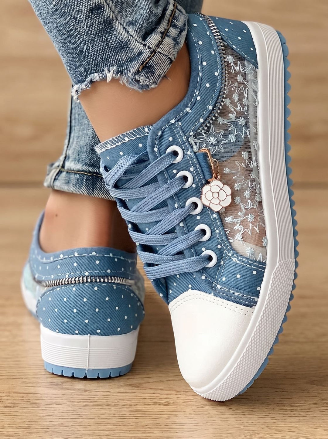 Dames Orthopedische Kanten Sneakers met Rits en Bloemdetail